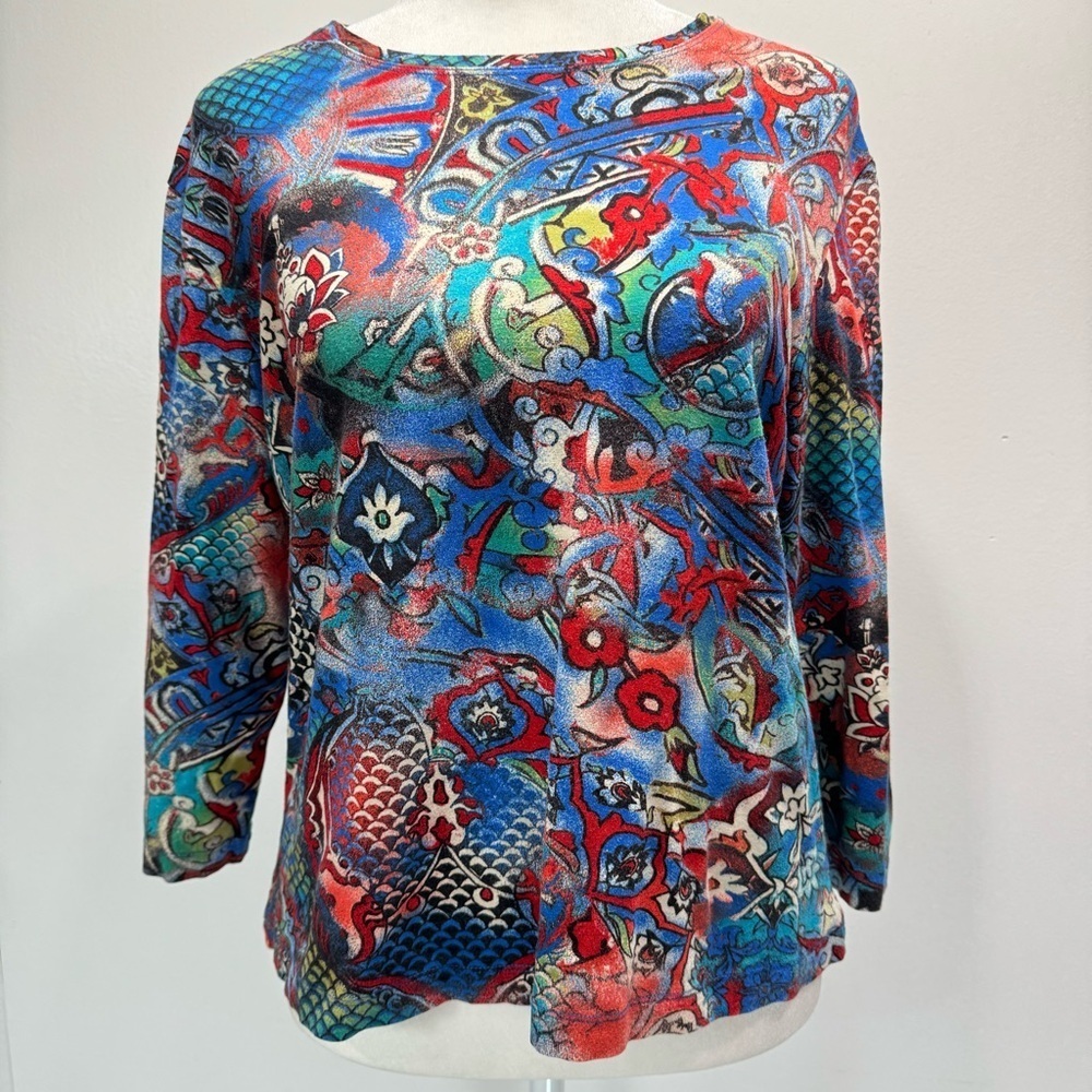 Chico’s Bold Boho All Over Floral Print 3/4 Sleeve Top Whimsical Dopamine M-L
